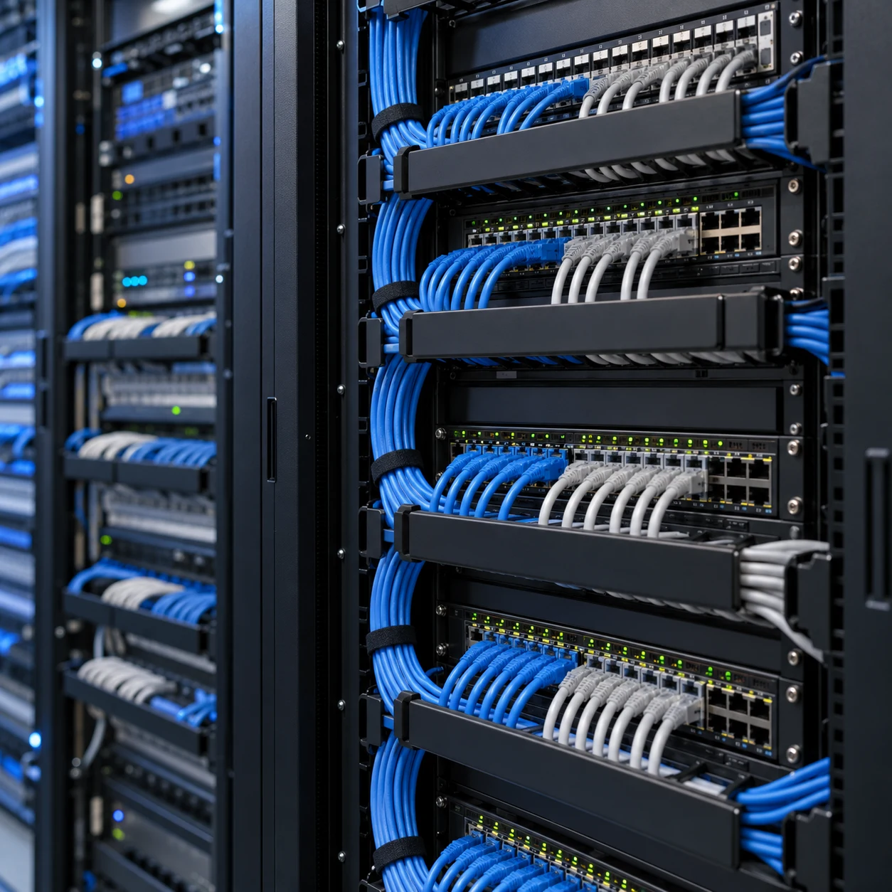 Illustration: Enterprise network racks with neatly managed blue and grey Ethernet cabling