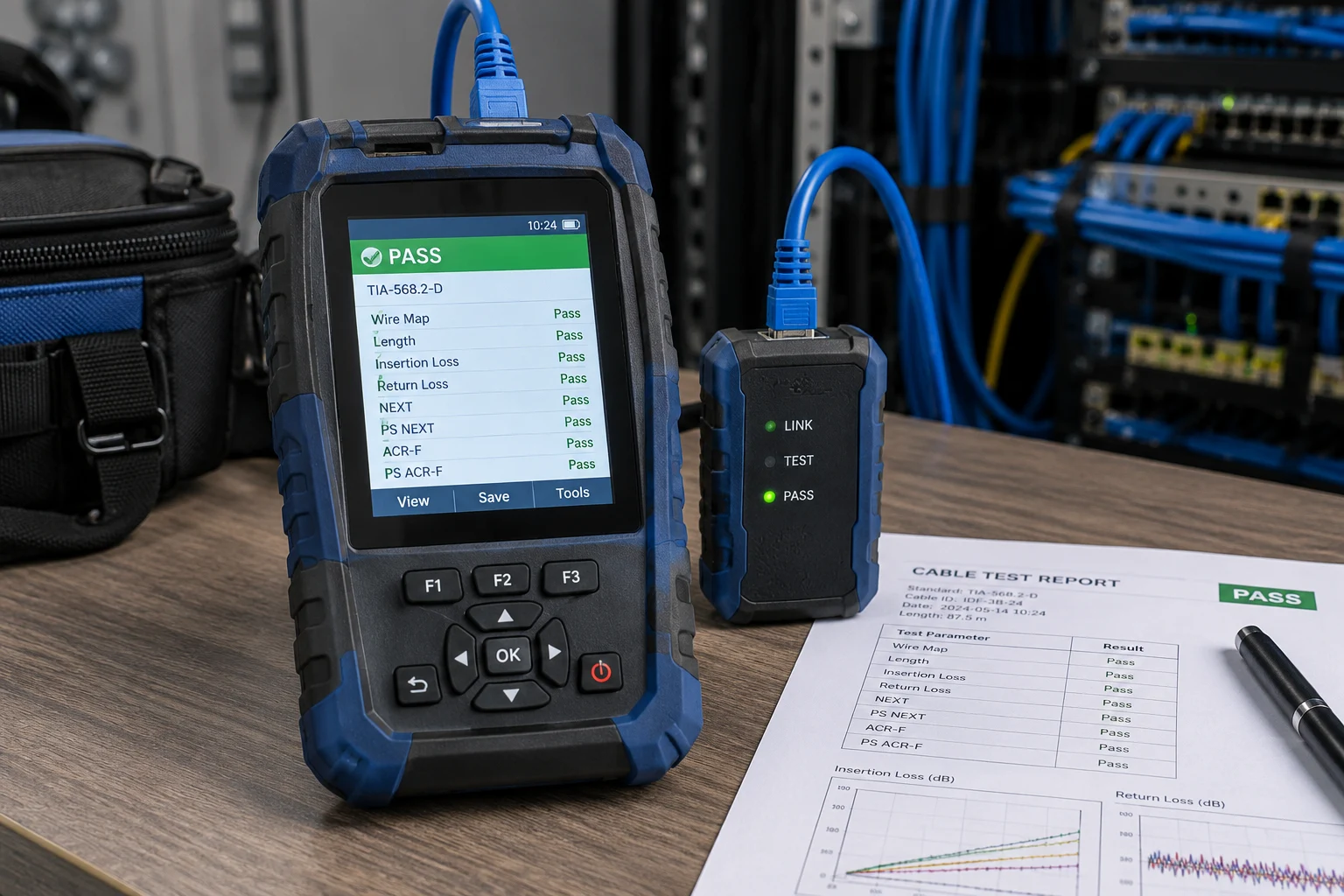 Illustration: Copper network cable certifier with remote unit and test report