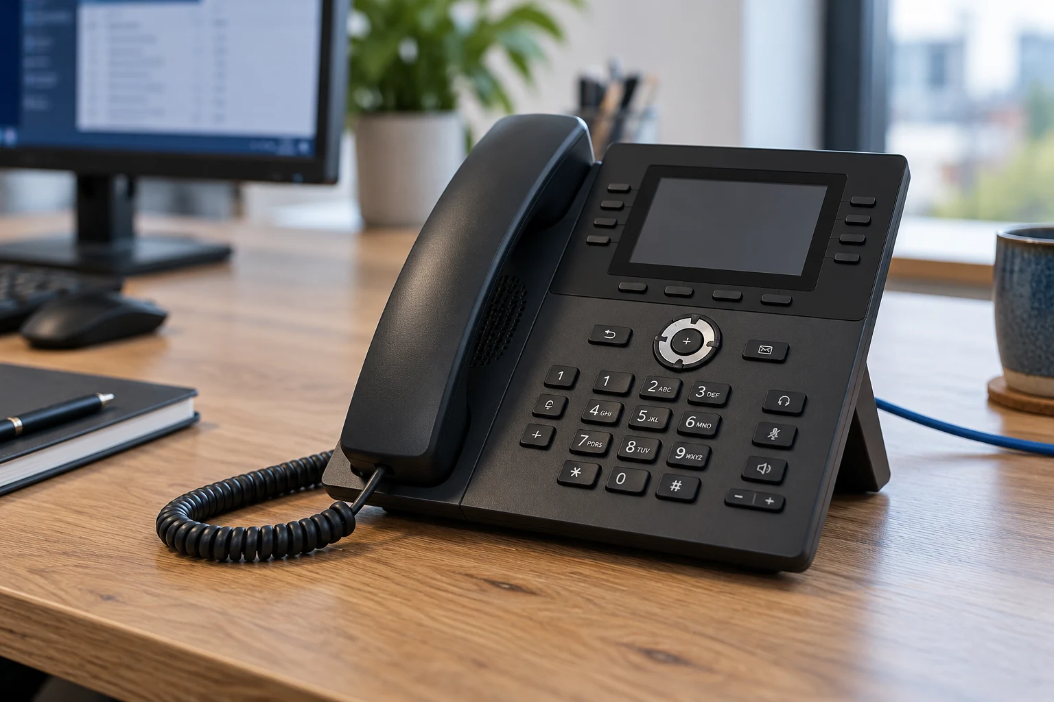 Illustration: Business IP desk phone in a modern office