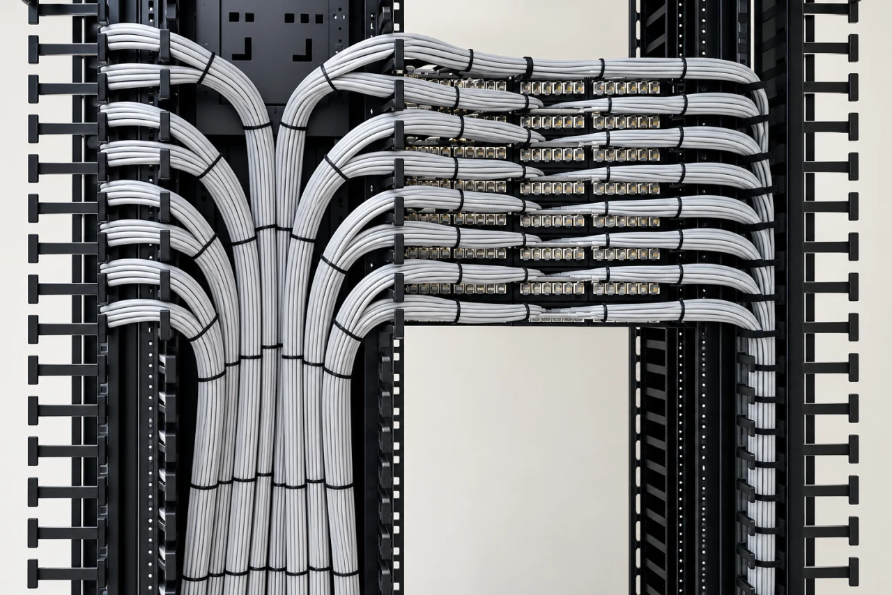 Rack cabling neatly routed through vertical cable managers