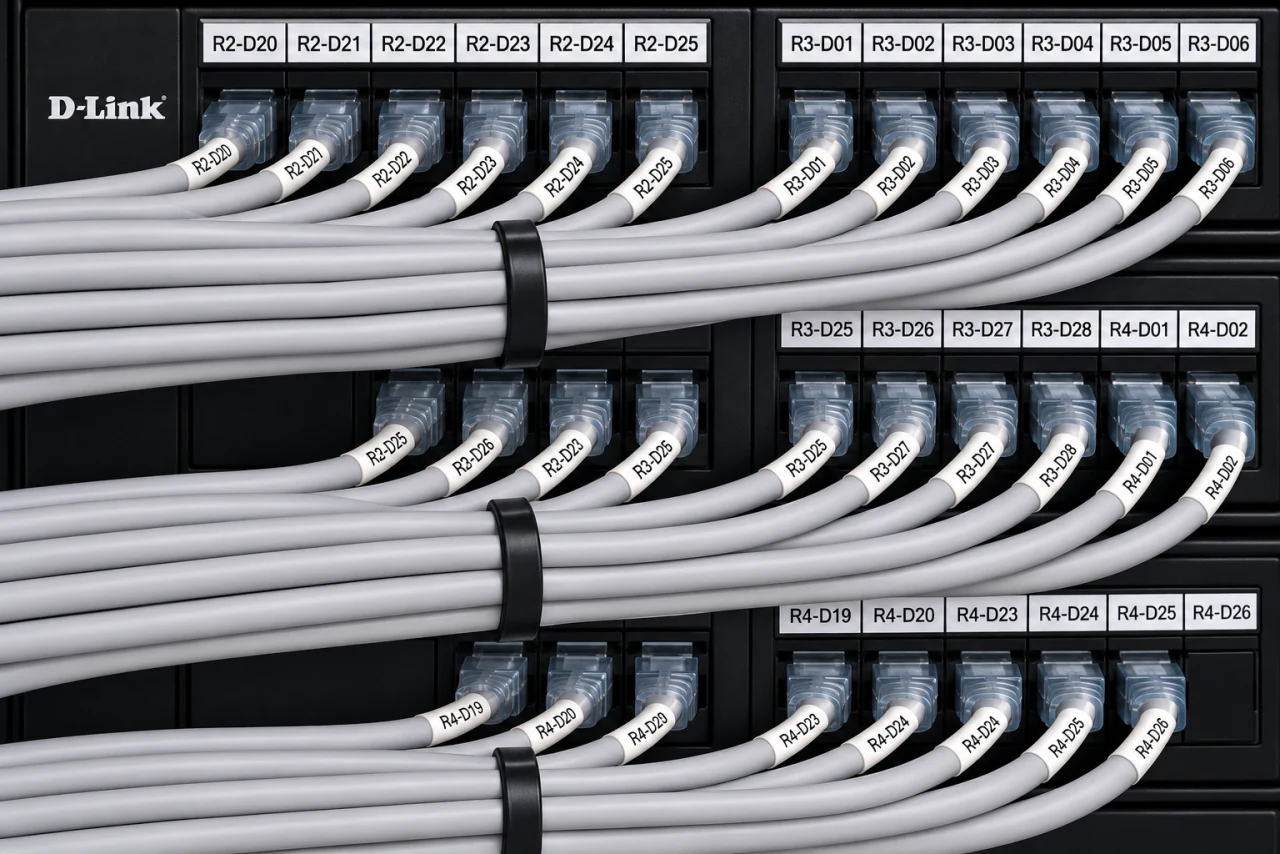 Close-up of network cables with printed labels such as R3-D24